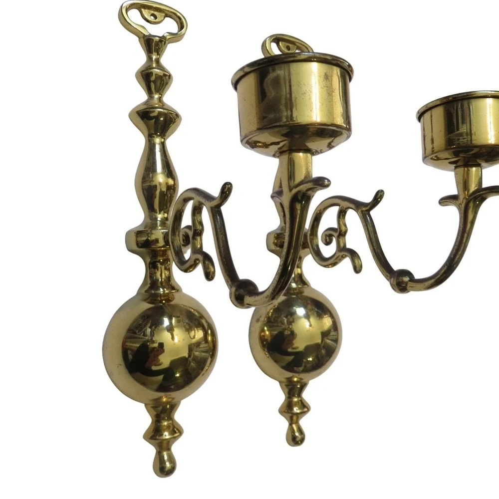 Vintage Solid Brass Wall Sconce Candle Holders Pair Polished Gold Spindle 12.5in